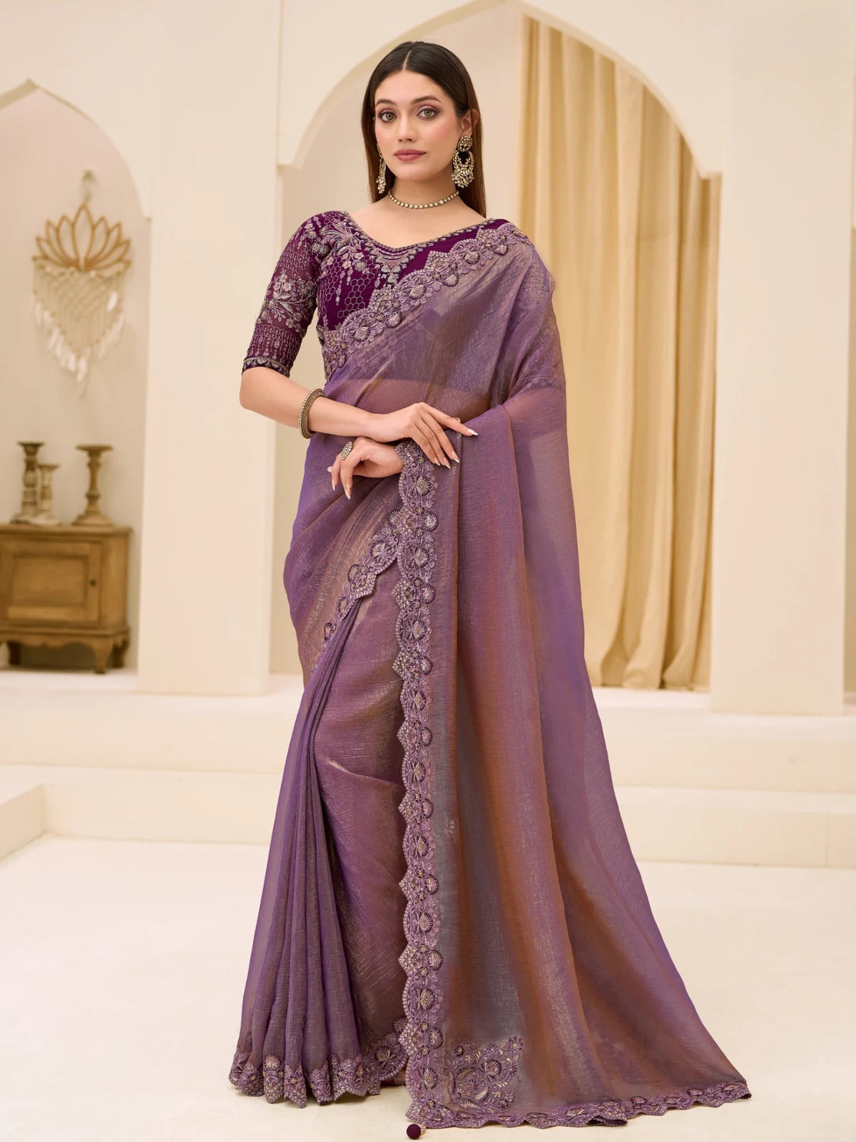 Tarani Meher purple dual shade georgette tissue saree with embroidered blouse full view party wear