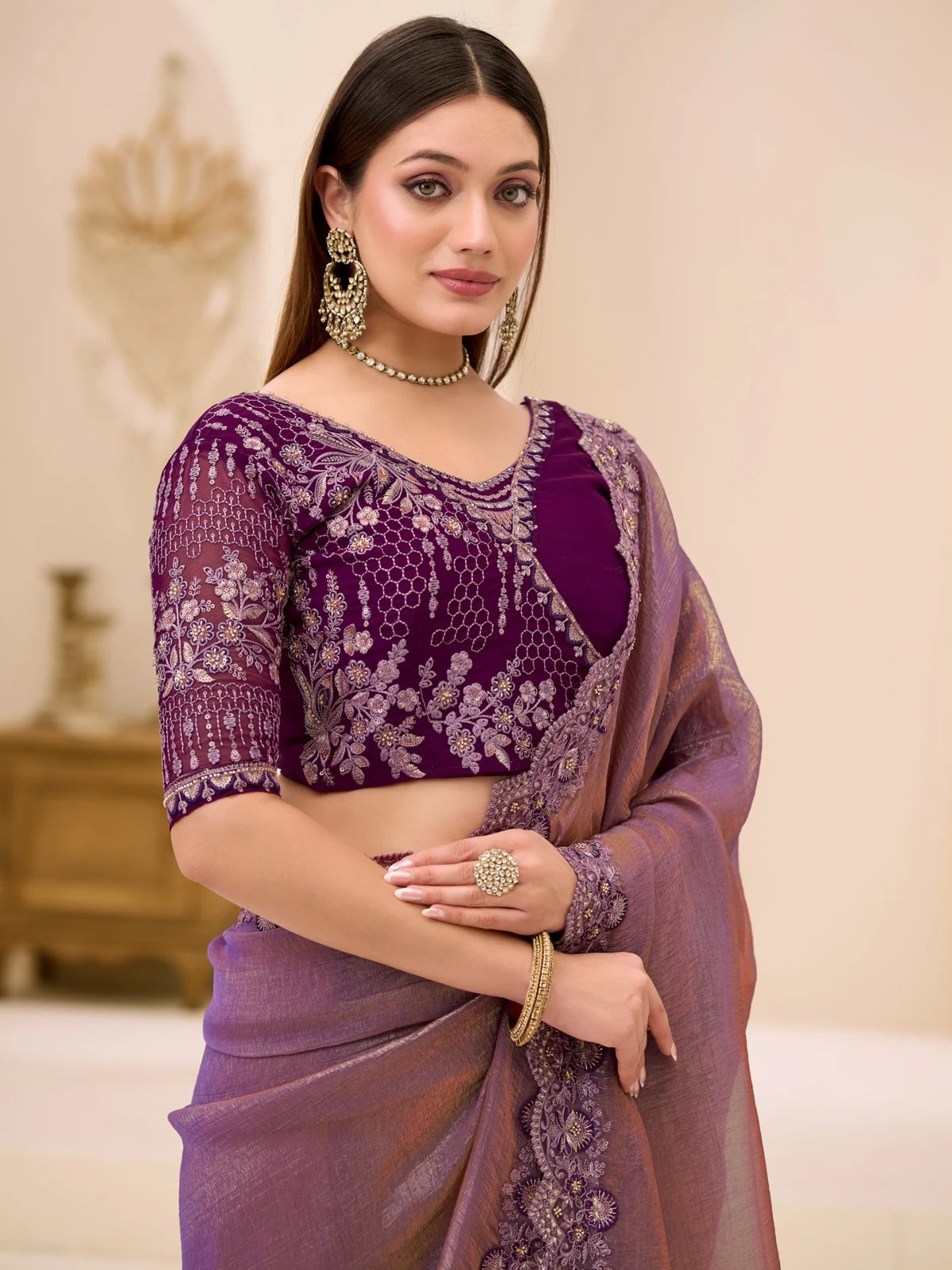 Tarani Meher purple dual shade georgette tissue saree side view with embroidered border