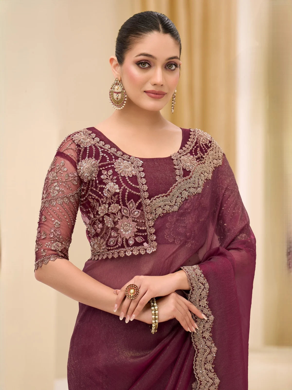 Tarani Yoshita wine saree upper body view showcasing embroidery work and border details