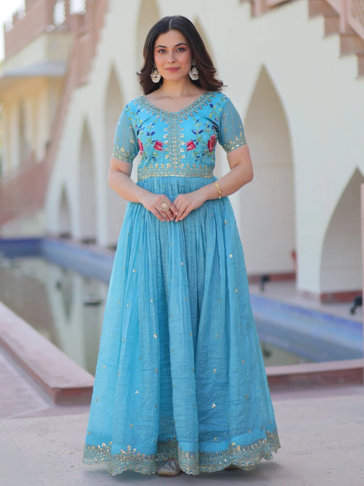 Tarani blue gold crush gown front view with zari embroidery and sequins for festive and party wear