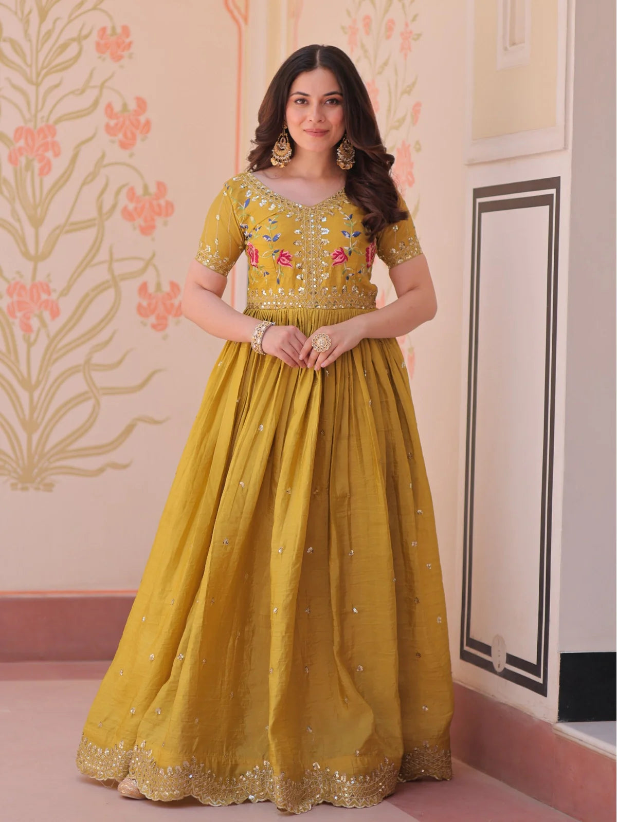 Tarani gold crush yellow gown full view with embroidery and sequins for parties and festivals