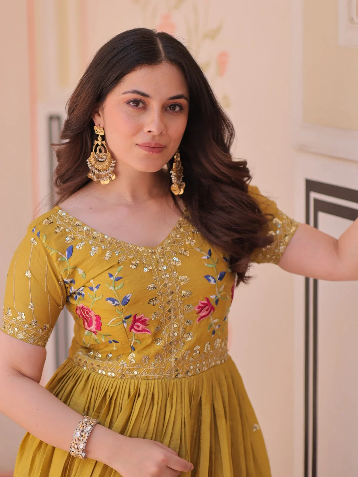 Tarani gold crush yellow gown upper body view with floral embroidery and sequins
