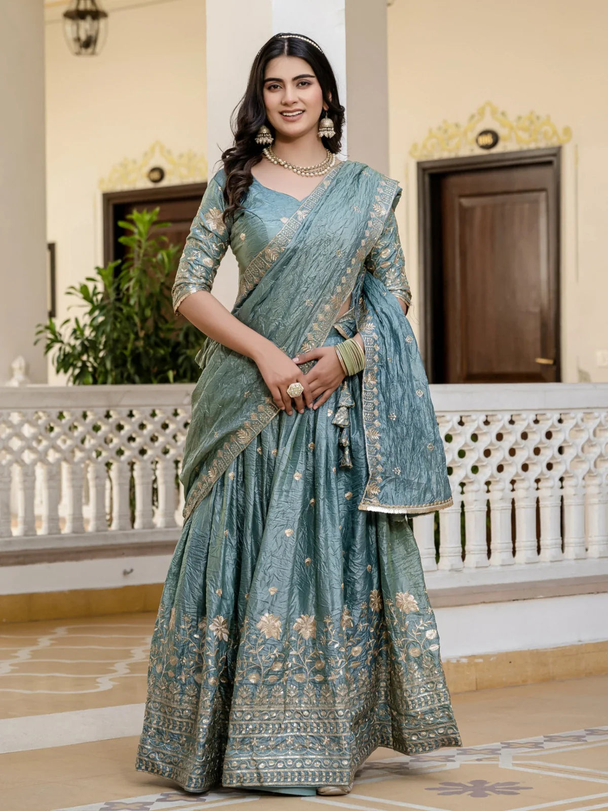 Tarani premium green gold crush lehenga full view with embroidered blouse