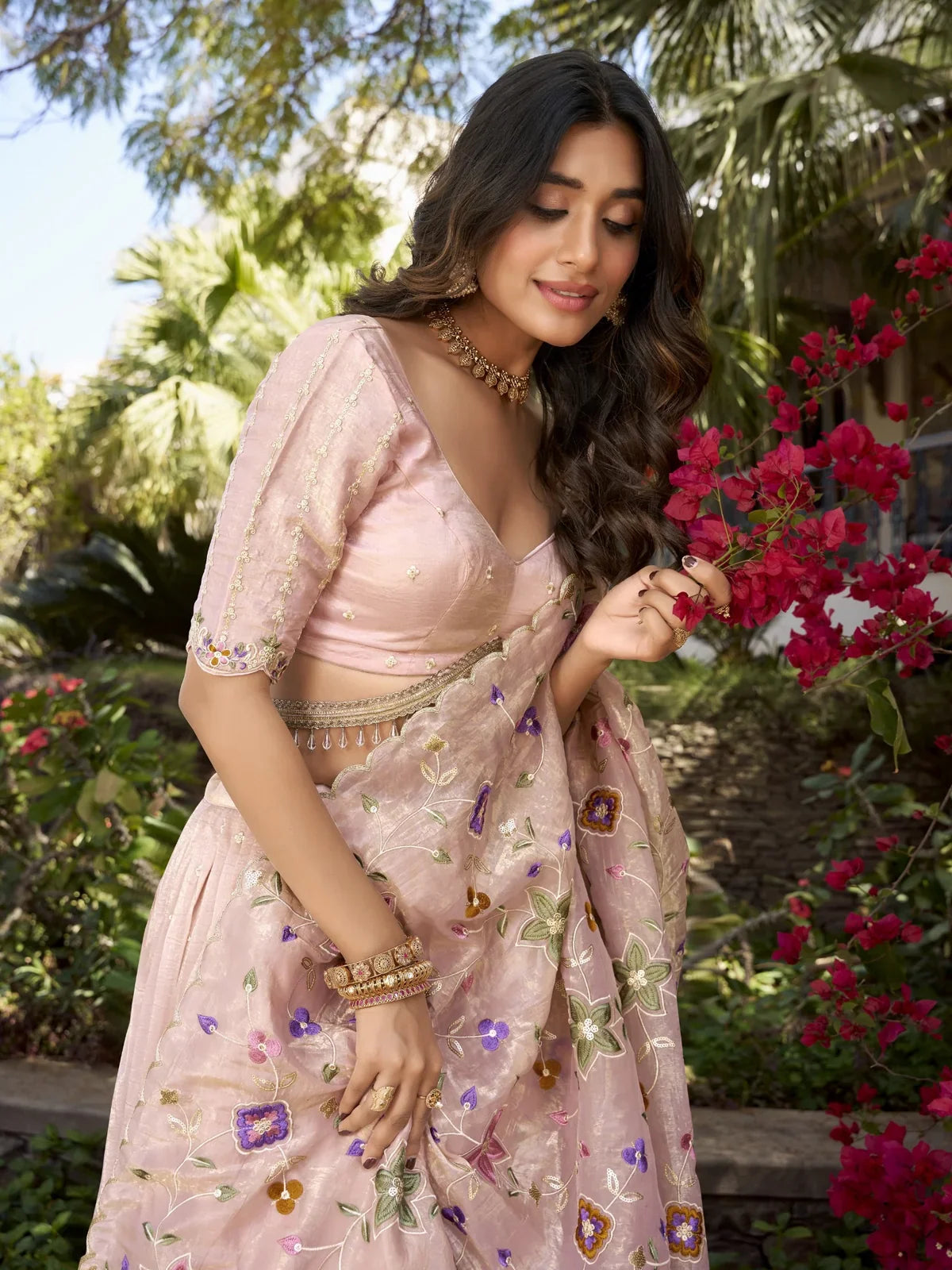 Tarani peach gold crush lehenga upper body blouse view with sequins embroidery