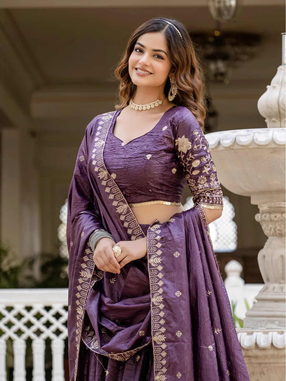 Tarani purple gold crush lehenga upper body view highlighting blouse embroidery