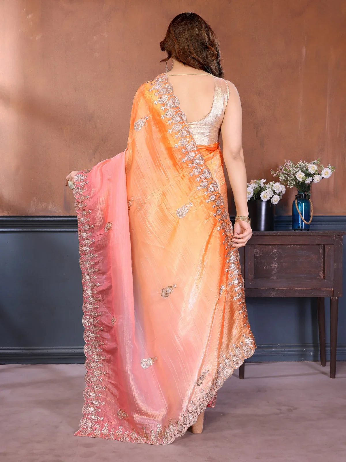 Tarani orange gold crush silk saree with gota patti blouse and embroidery work - back view view