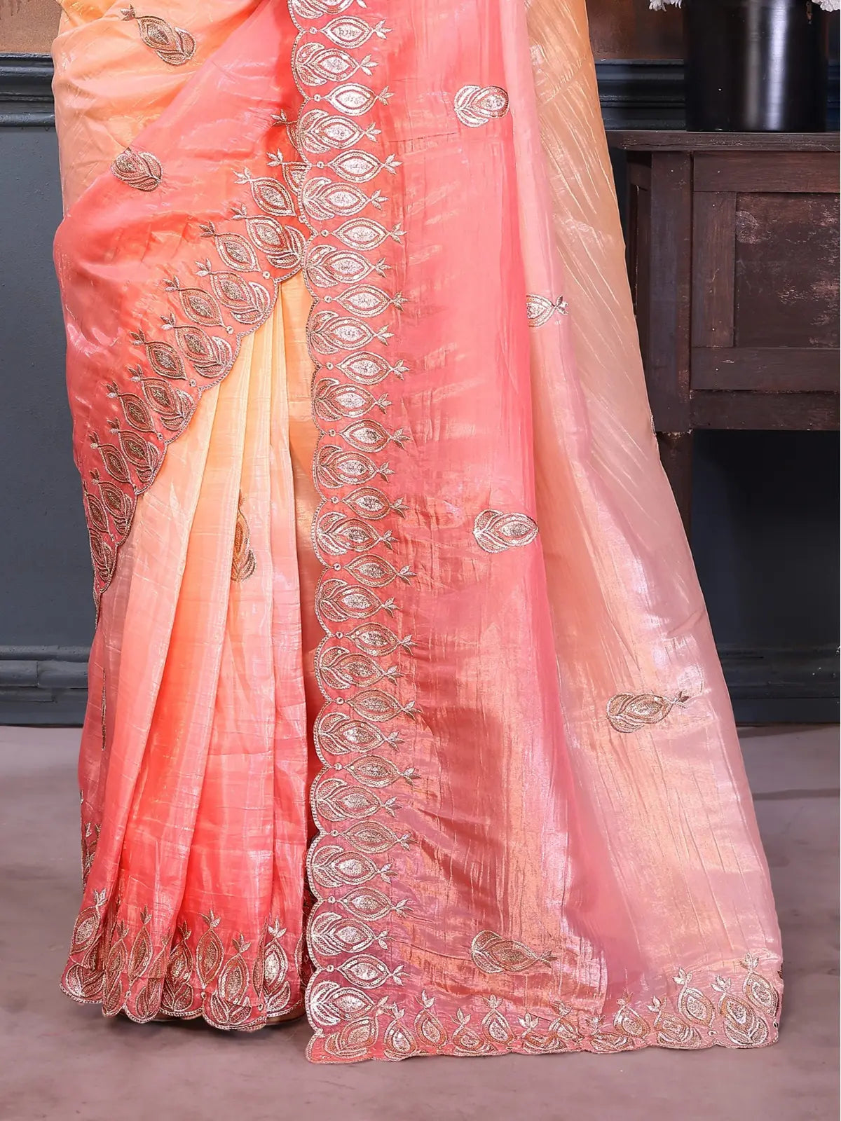 Tarani orange gold crush silk saree with gota patti blouse and embroidery work - closeup view view
