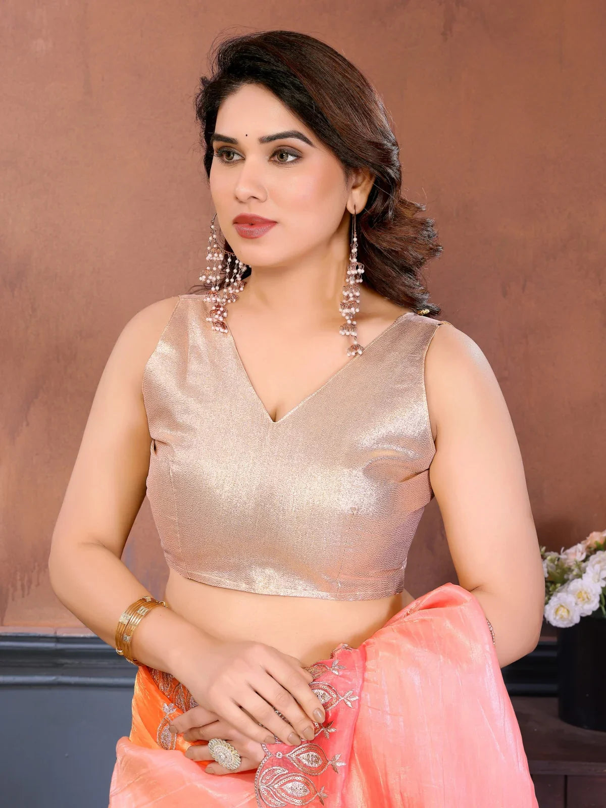 Tarani orange gold crush silk saree with gota patti blouse and embroidery work - upper body view view