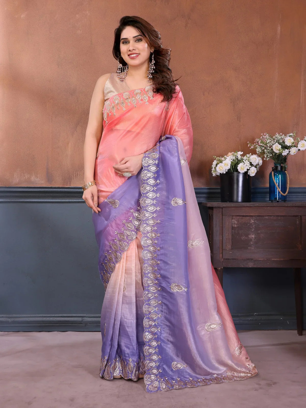 Tarani premium gold crush silk saree with embroidery work and ombré pink purple shade full view