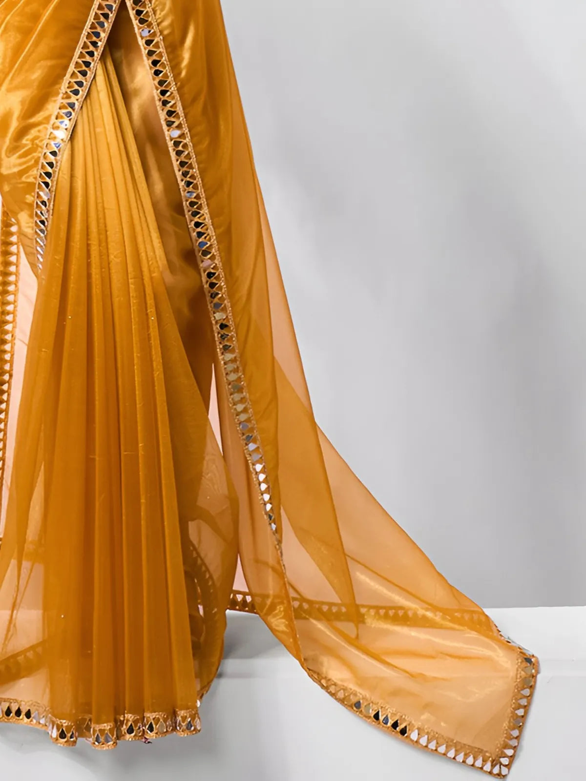 Tarani golden twills net saree with flowing transparent pallu – closeup view