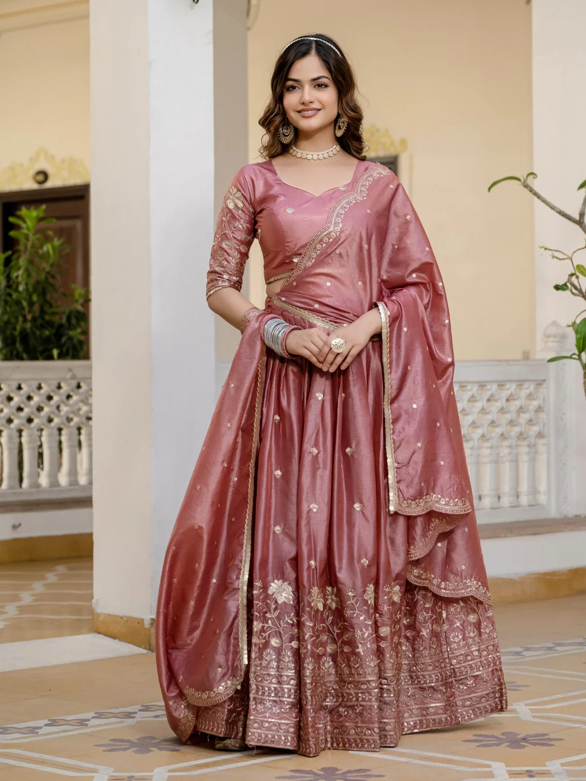 Tarani rose pink gold crush lehenga full view with embroidered dupatta and blouse