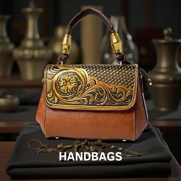 Tarani premium designer leather handbag with embossed golden floral design and luxury handle for collection display