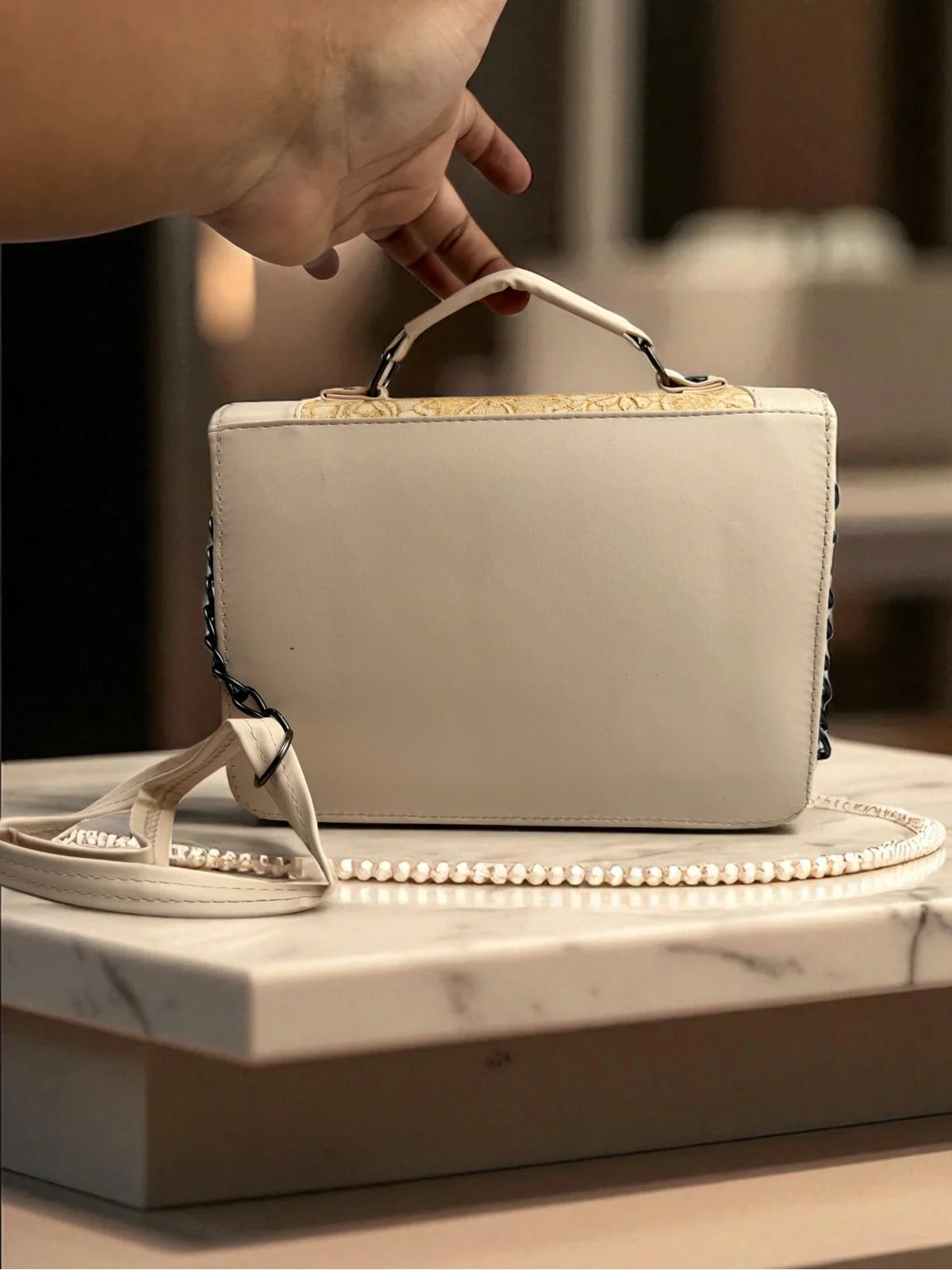 Tarani beige PU leather handbag simple back view