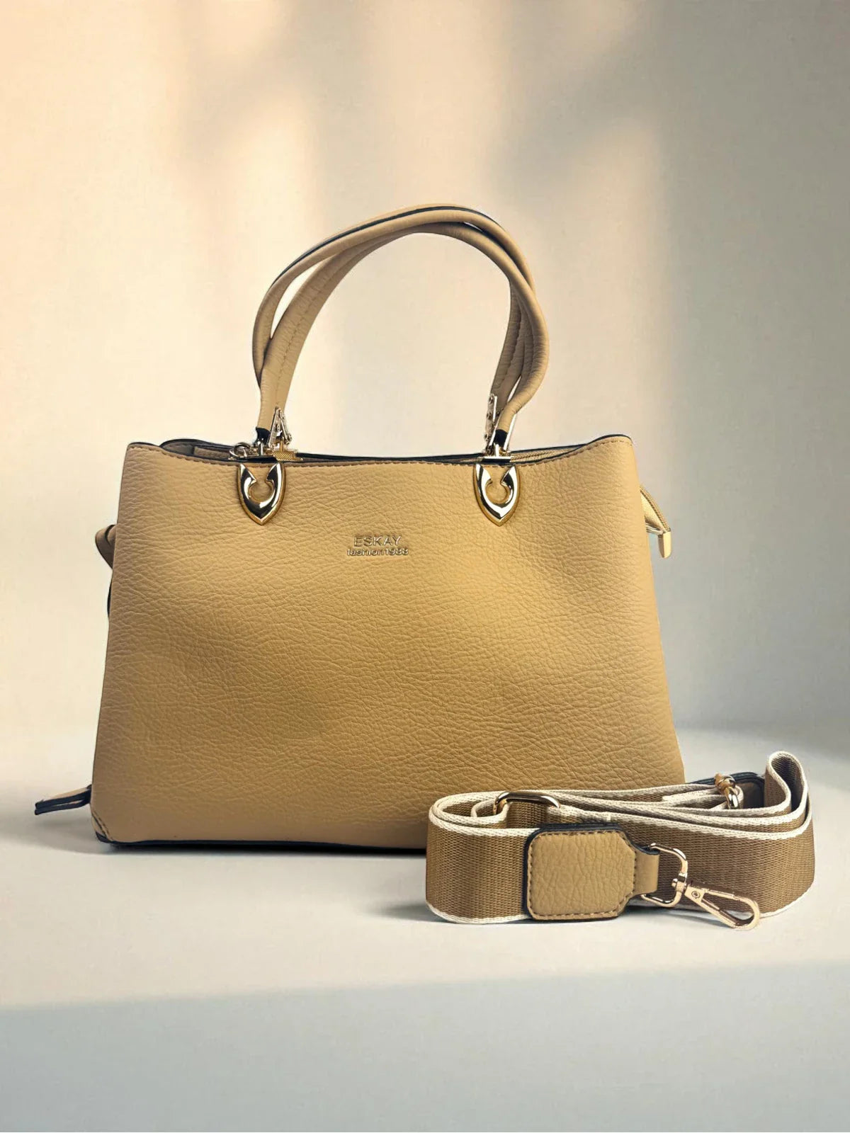 Tarani beige PU leather handbag full front view elegant design