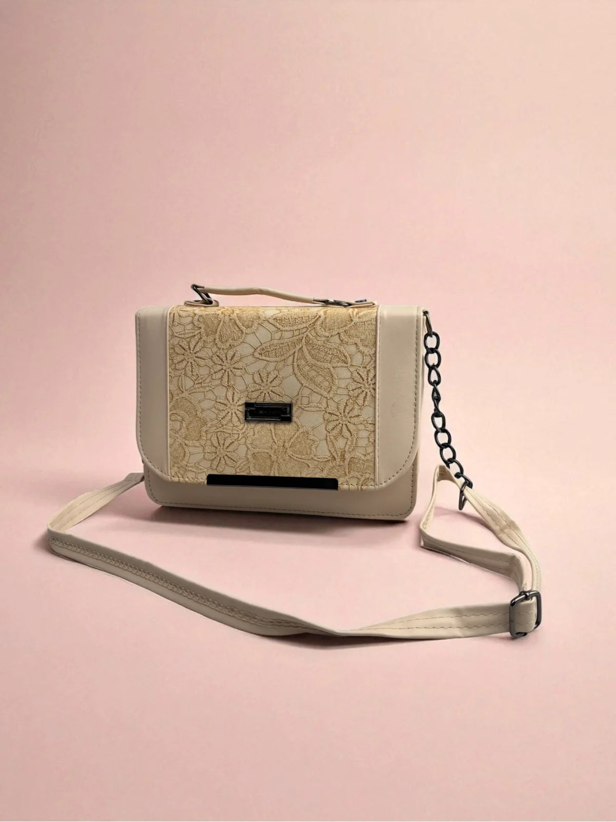Tarani beige PU leather handbag floral lace full front view
