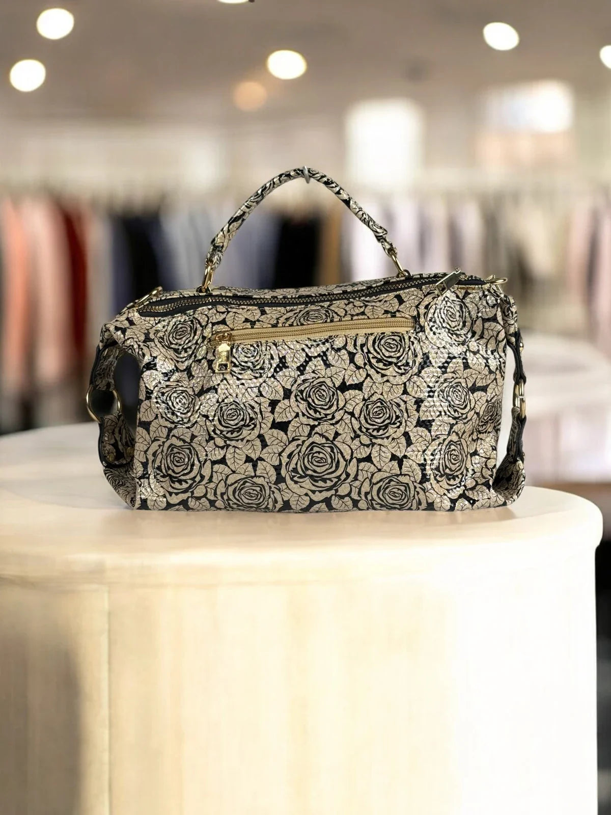 Tarani black floral PU leather handbag back view