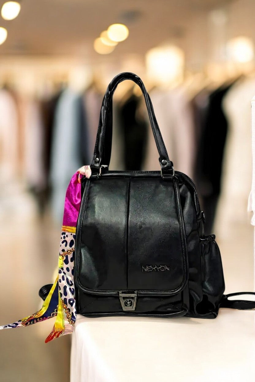 Tarani black PU leather handbag front view elegant design