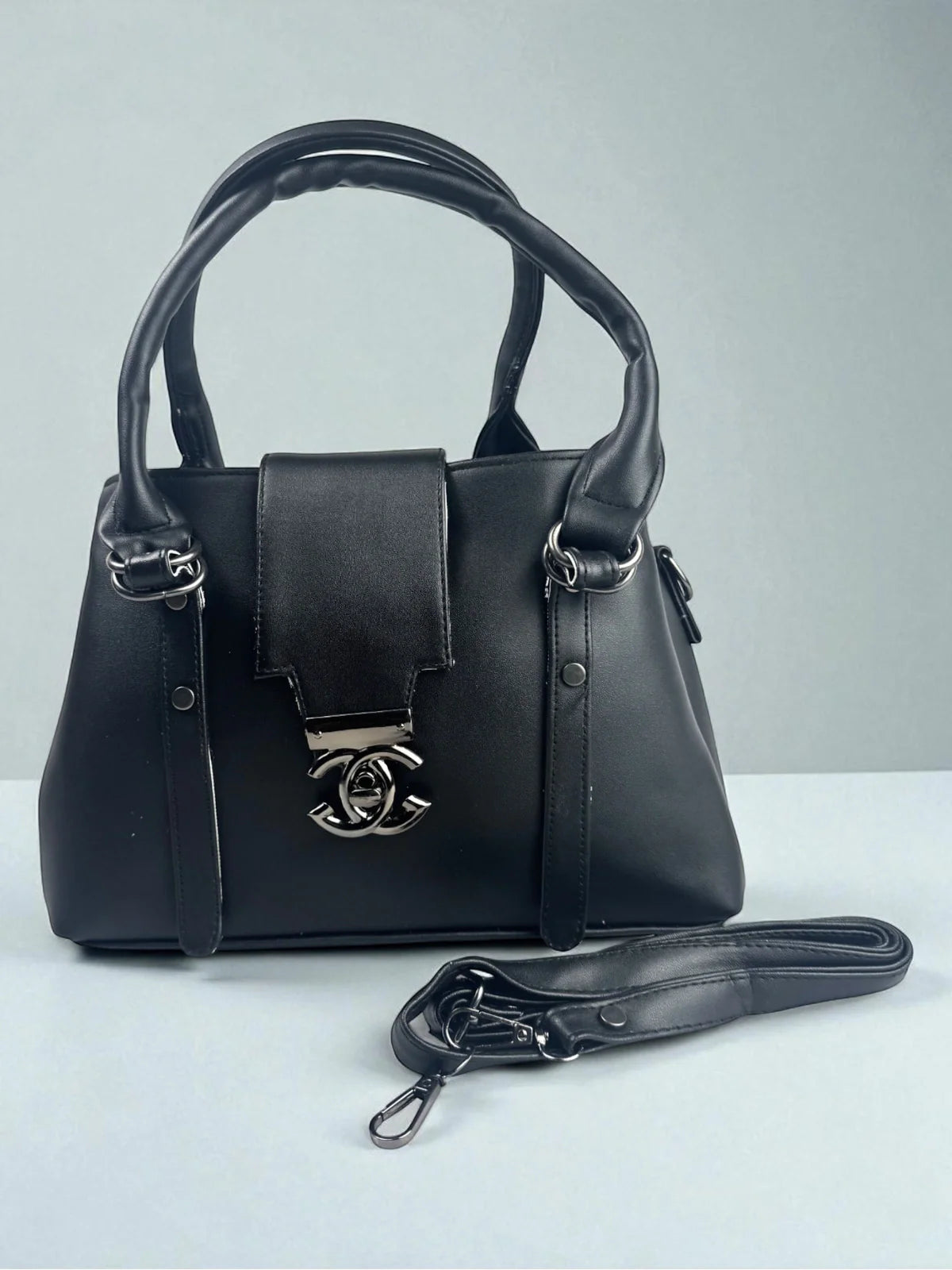 Tarani black PU leather handbag elegant full front view