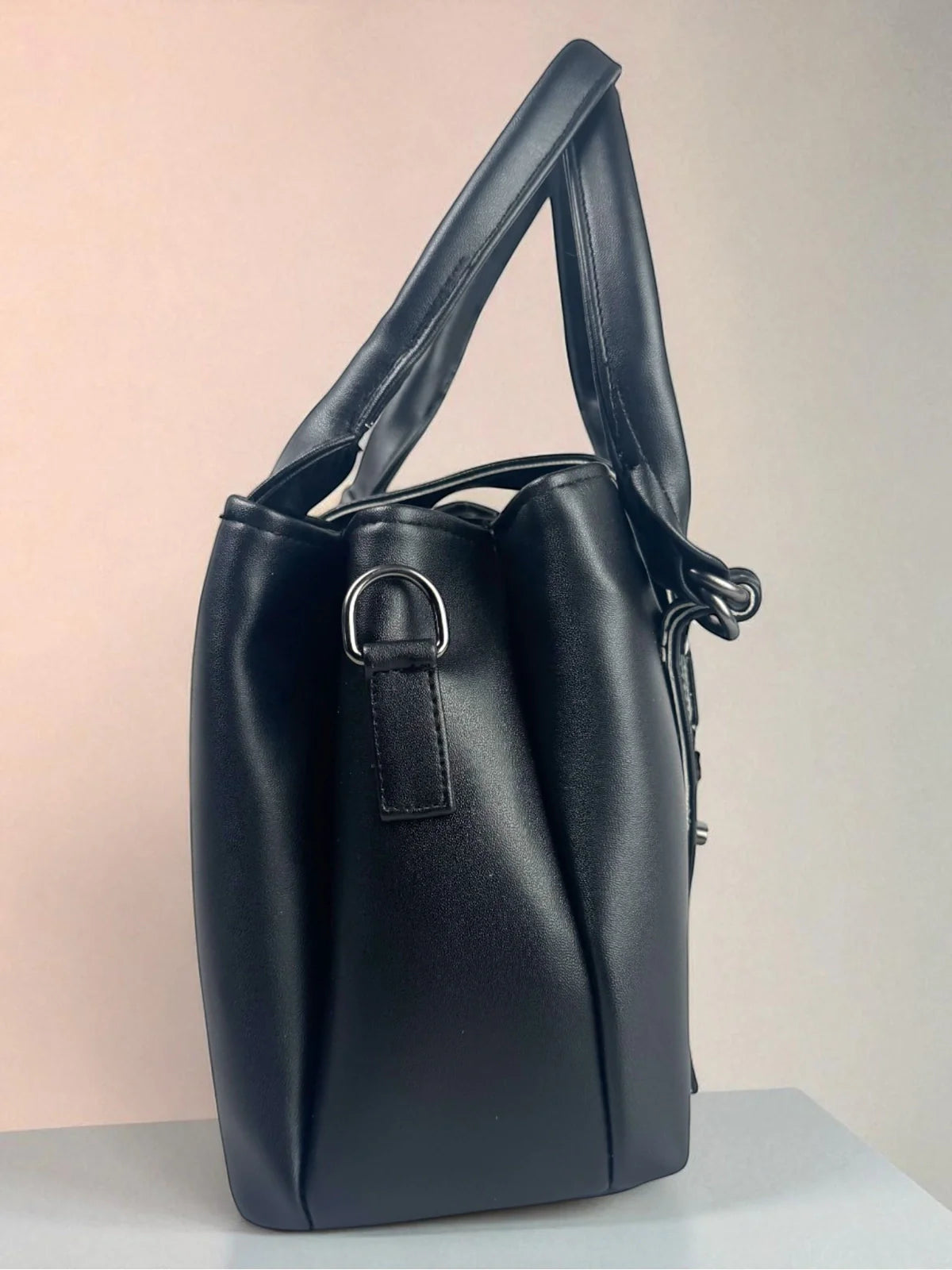 Tarani black PU leather handbag stylish side view