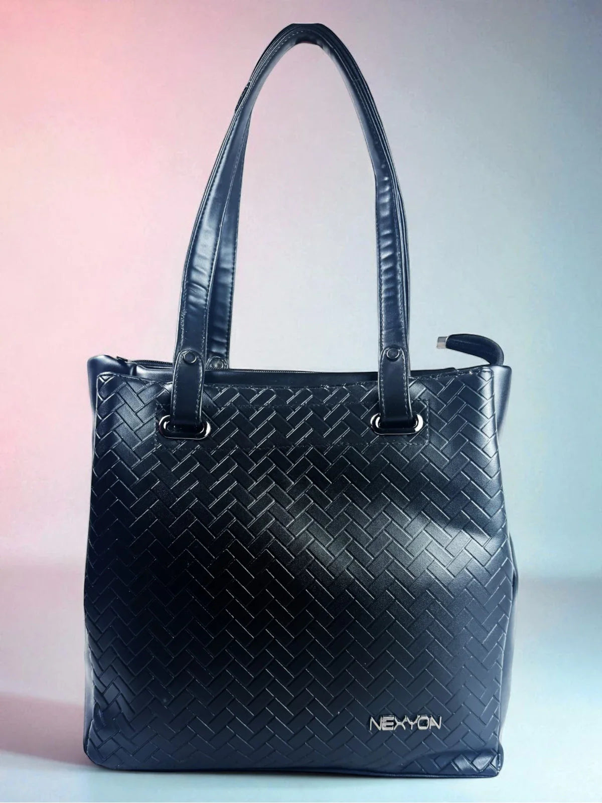 Tarani black PU leather handbag with woven design front view