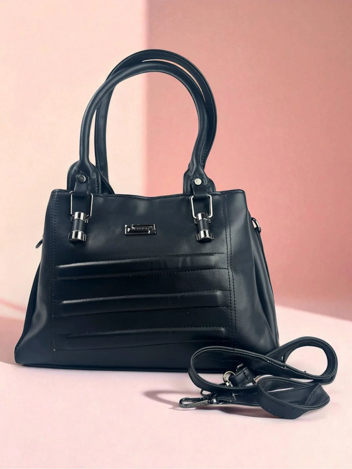 Tarani black PU leather handbag with sleek design front view