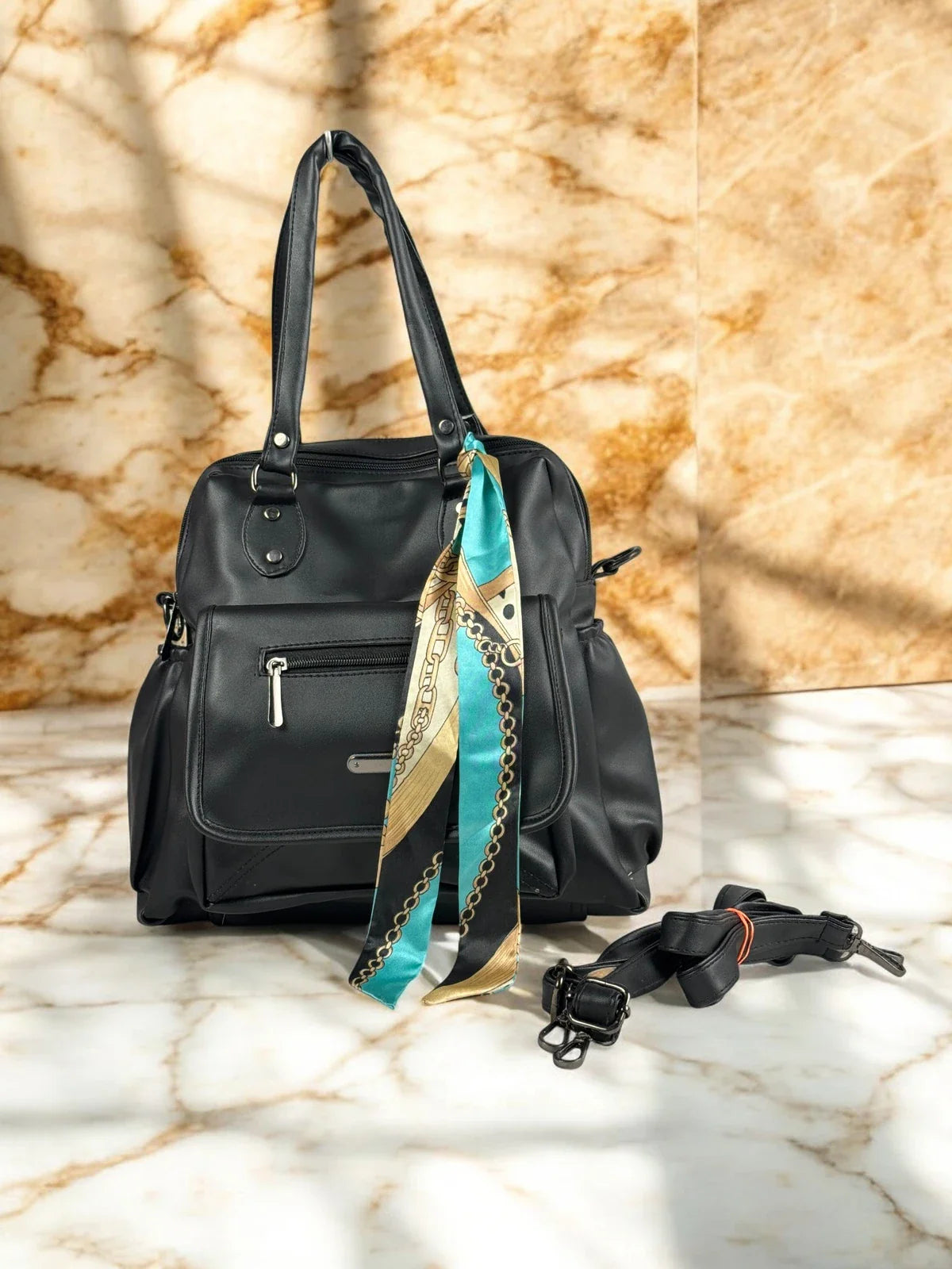 Tarani black PU leather handbag with scarf detail front view