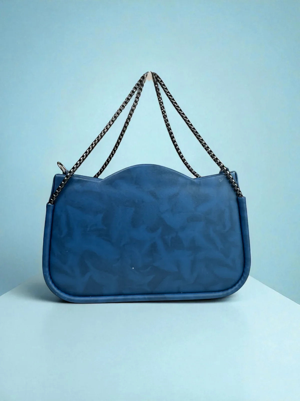 Tarani blue PU leather handbag back view elegant designer finish