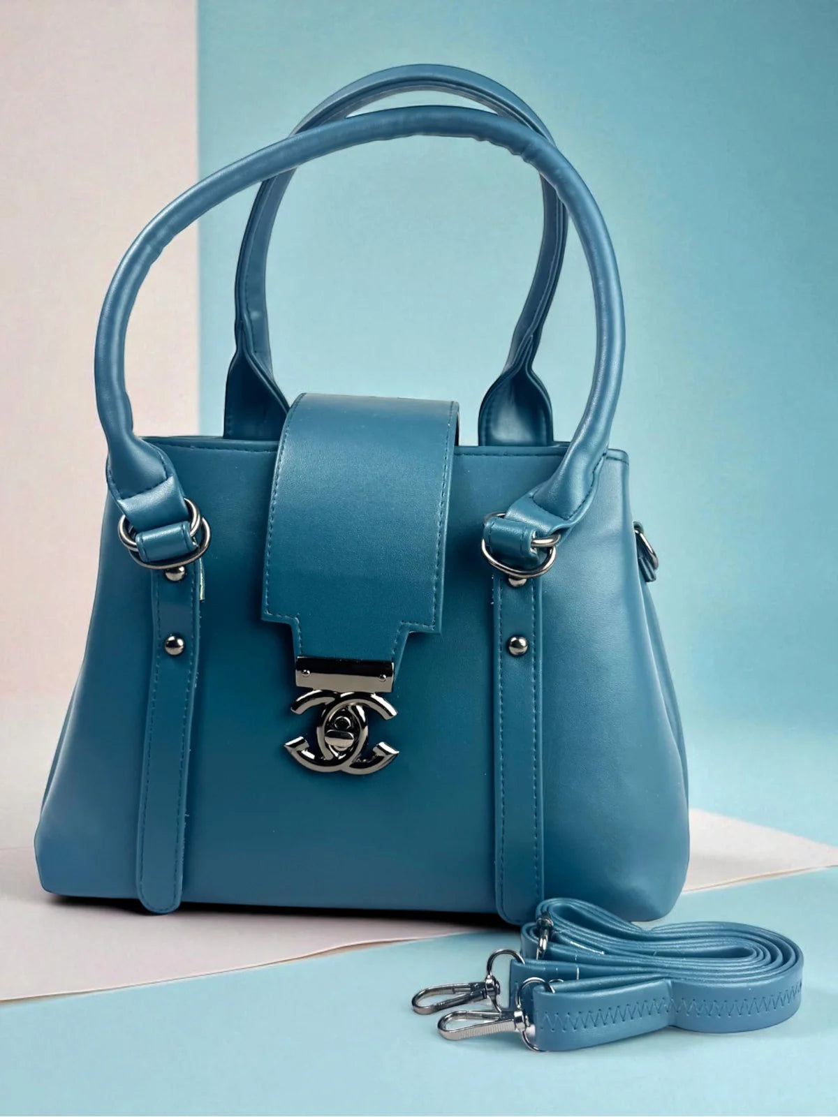 Tarani blue PU leather handbag elegant full view