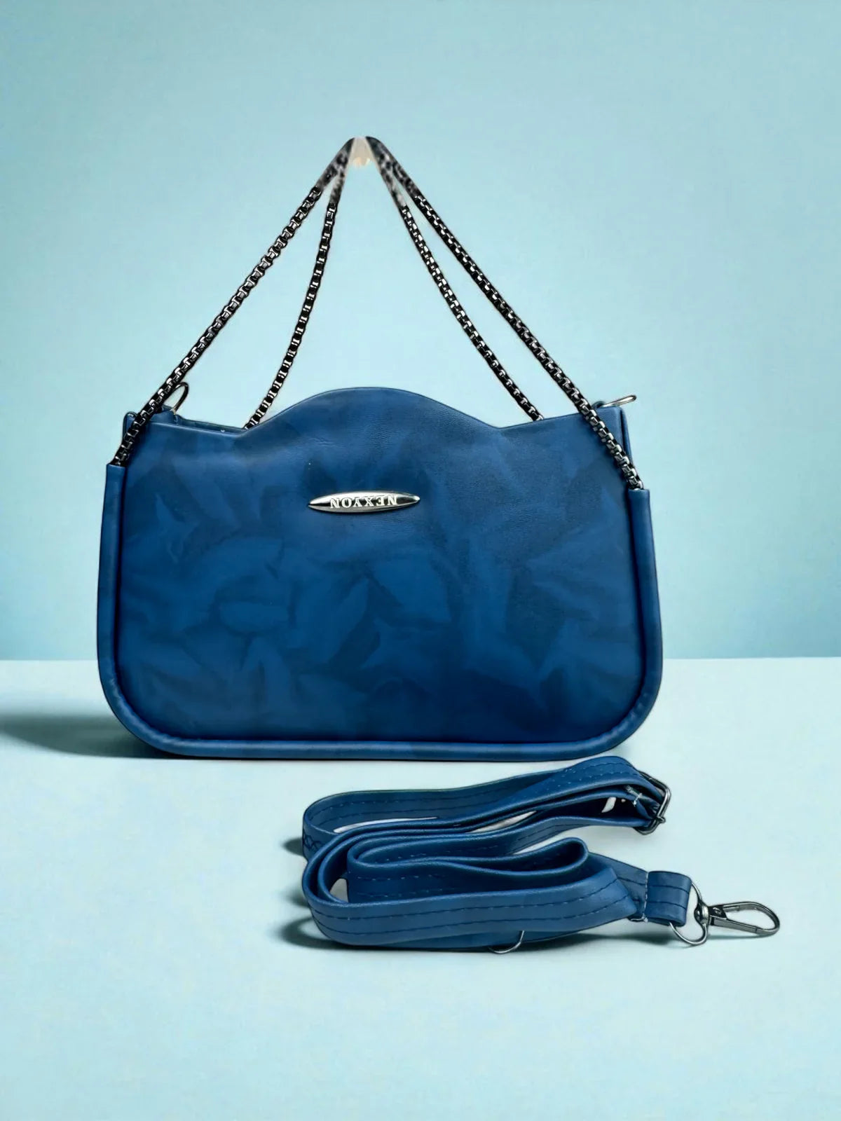 Tarani blue PU leather handbag front full view for office and festive use