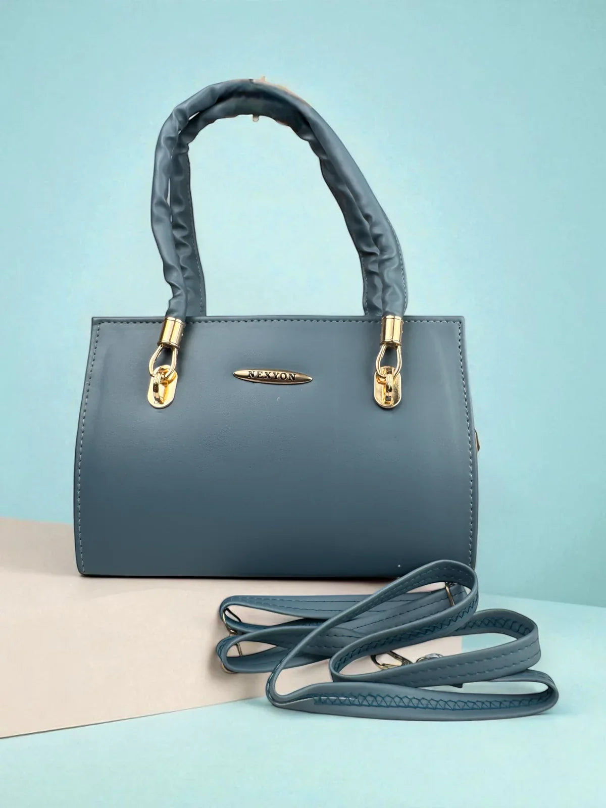 Tarani PU leather blue handbag full view elegant design