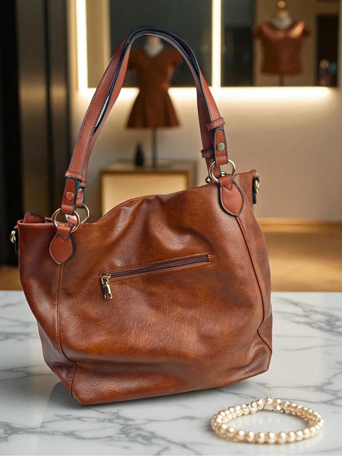 Tarani brown PU leather handbag stylish back view