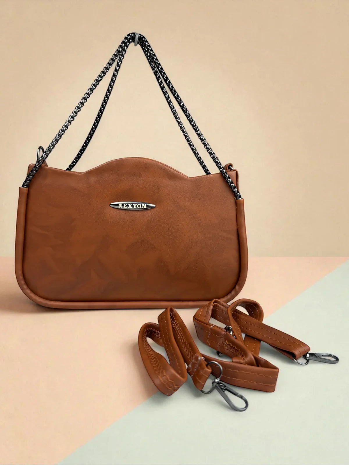 Tarani brown PU leather handbag elegant full front view for office and outings