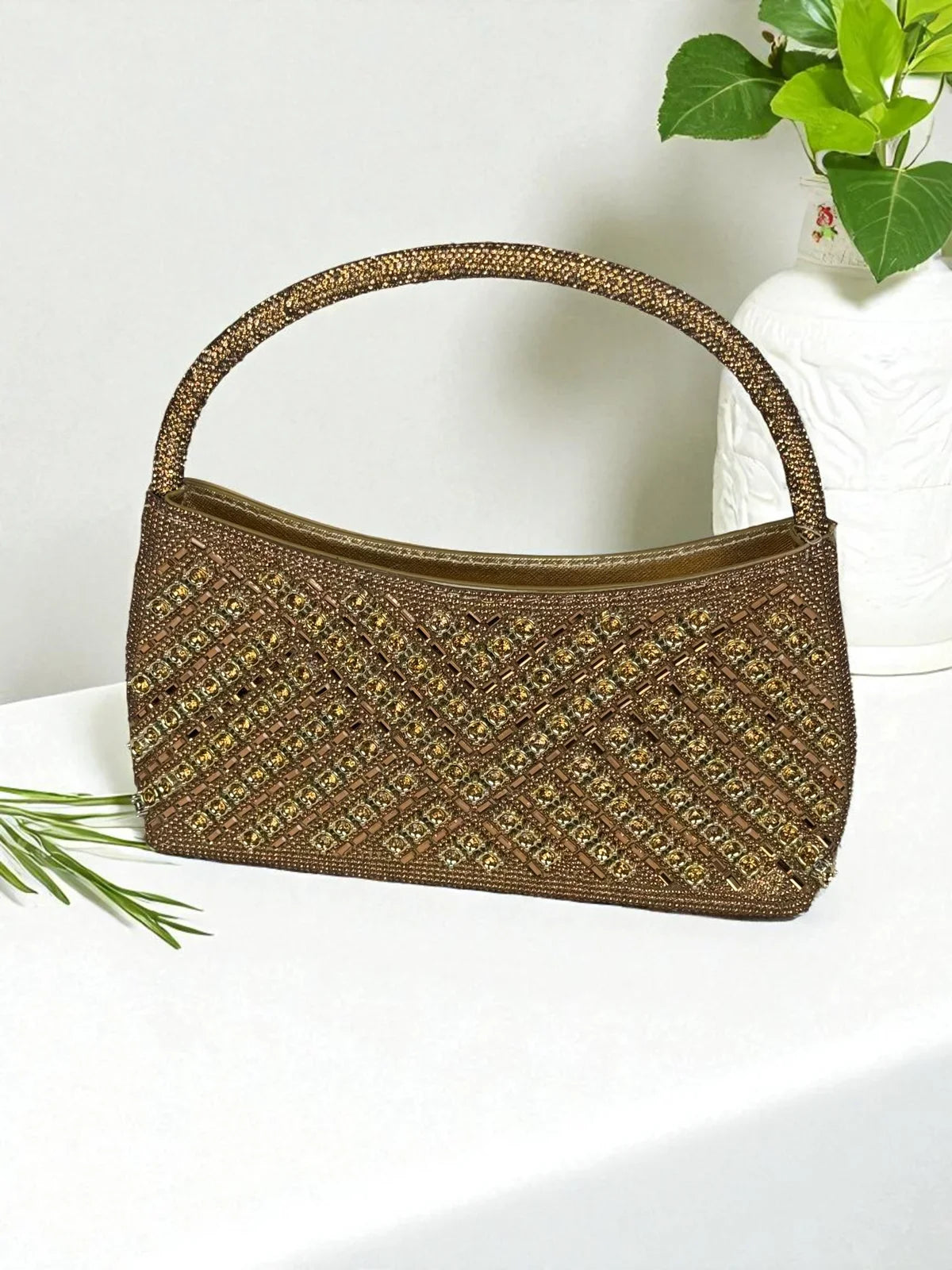 Tarani brown PU leather embellished handbag full view festive occasion