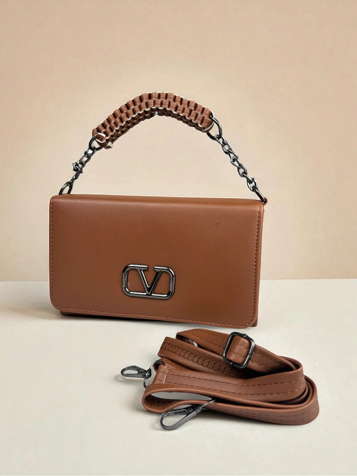 Tarani brown PU leather handbag full view elegant design
