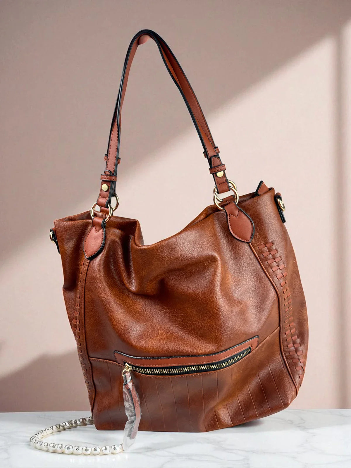 Tarani brown PU leather handbag elegant full view