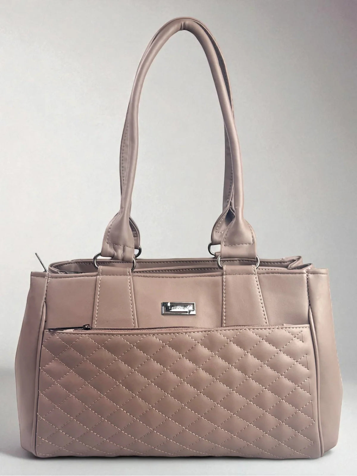 Tarani brown PU leather handbag with quilted design front view