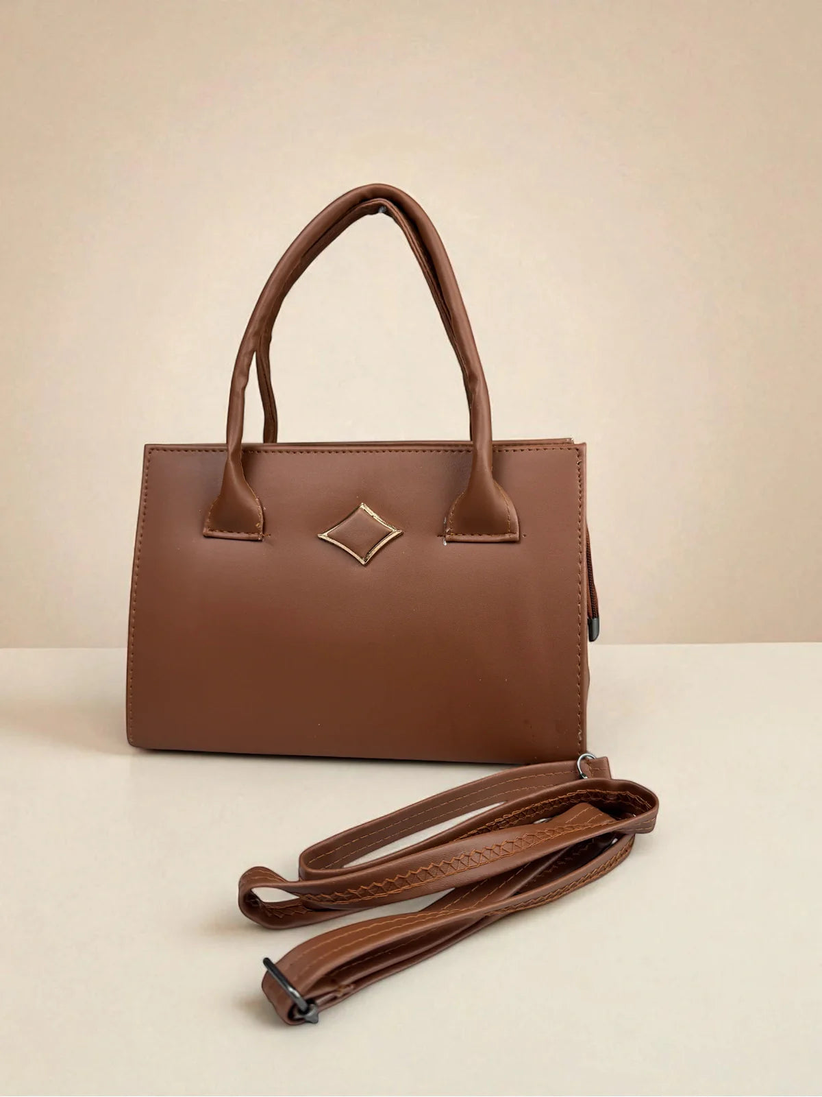 Tarani brown PU leather handbag with shoulder strap full view