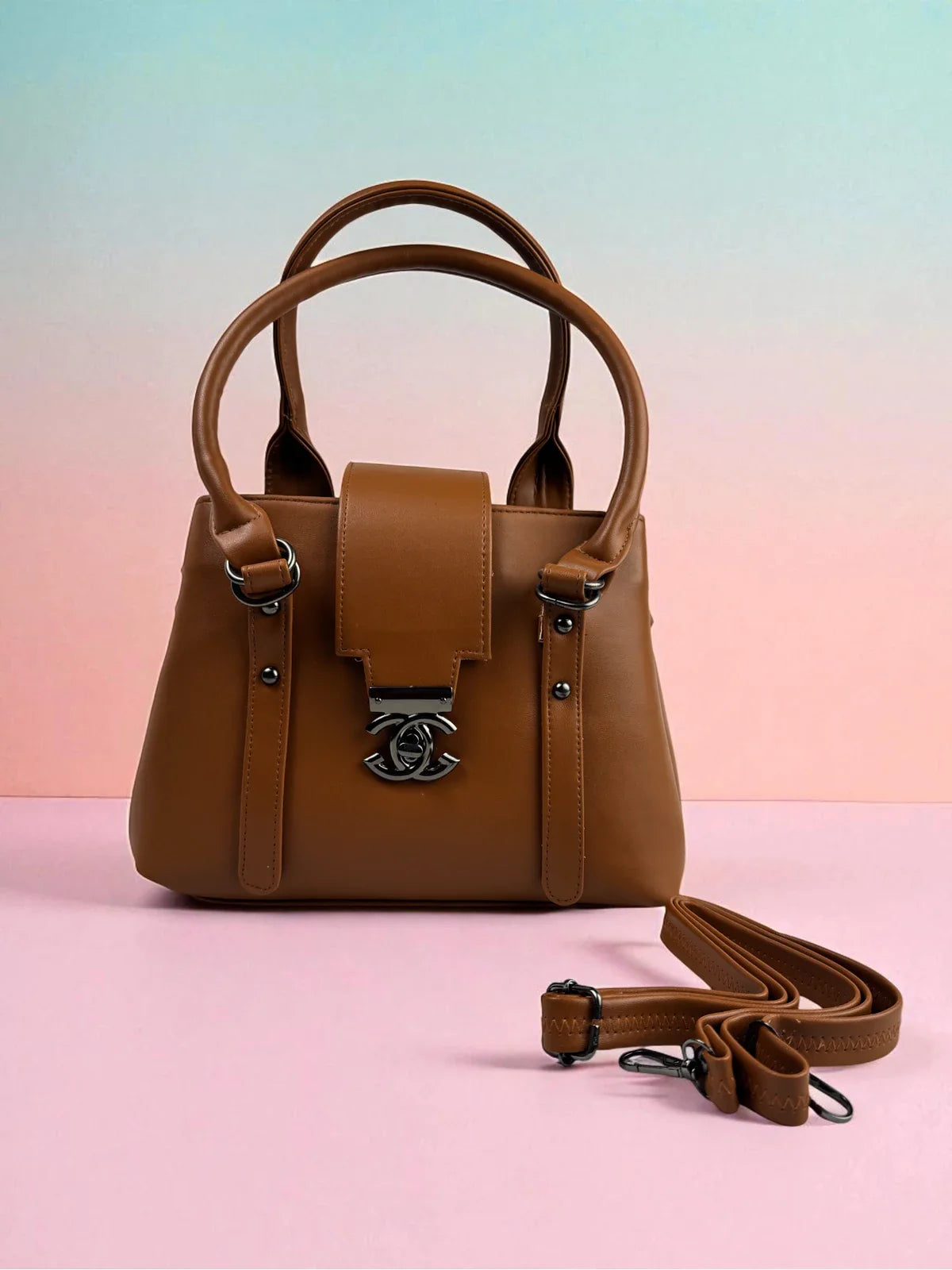 Tarani brown PU leather handbag elegant full view