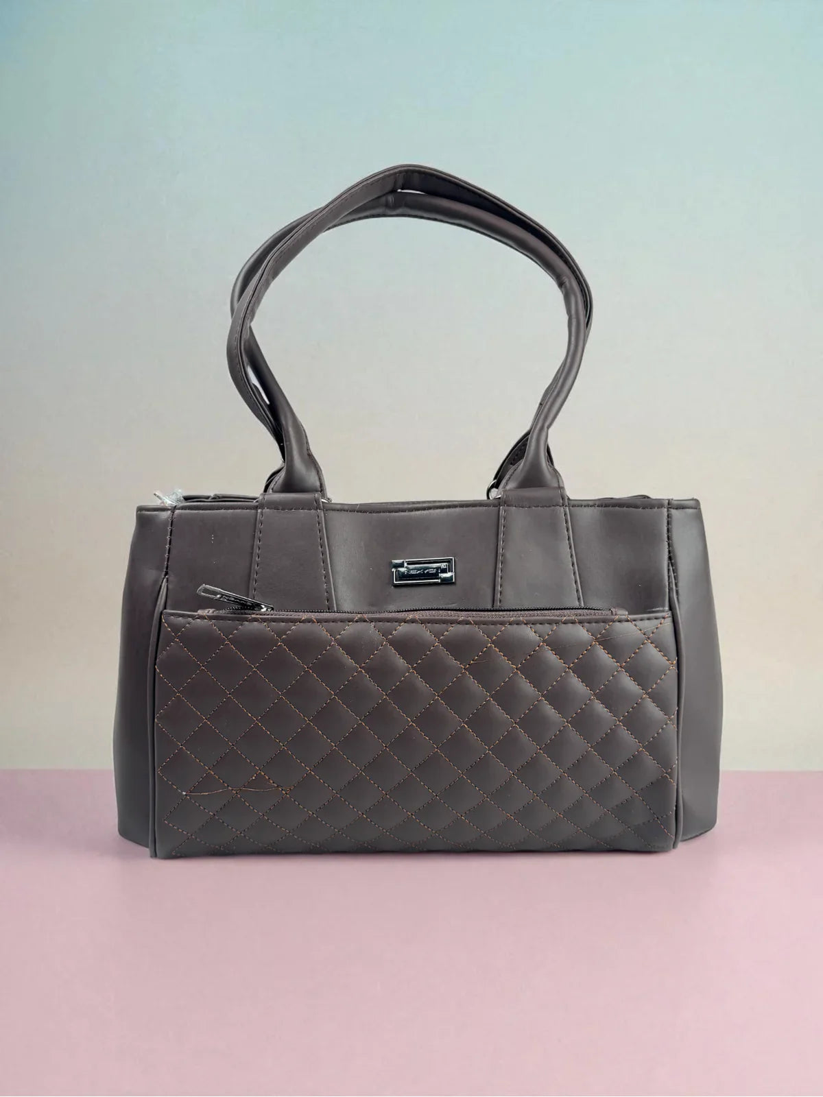 Tarani brown PU leather handbag with quilted front design full view