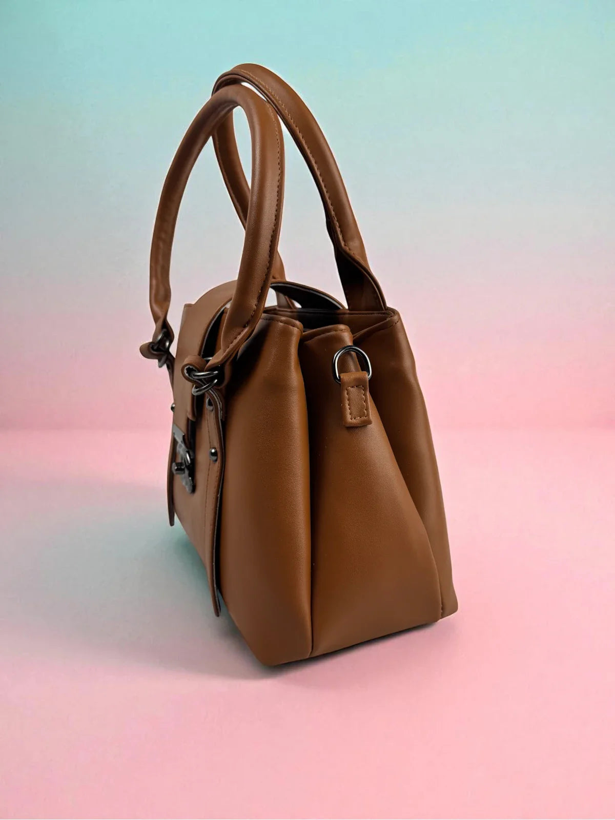 Tarani brown PU leather handbag stylish side view
