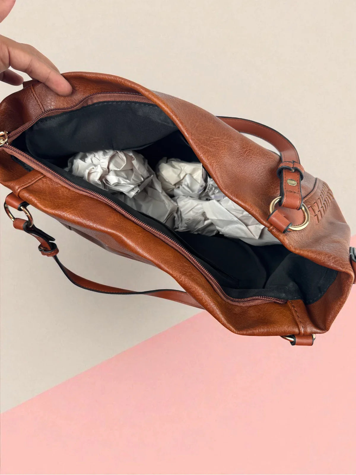 Tarani brown PU leather handbag spacious top view