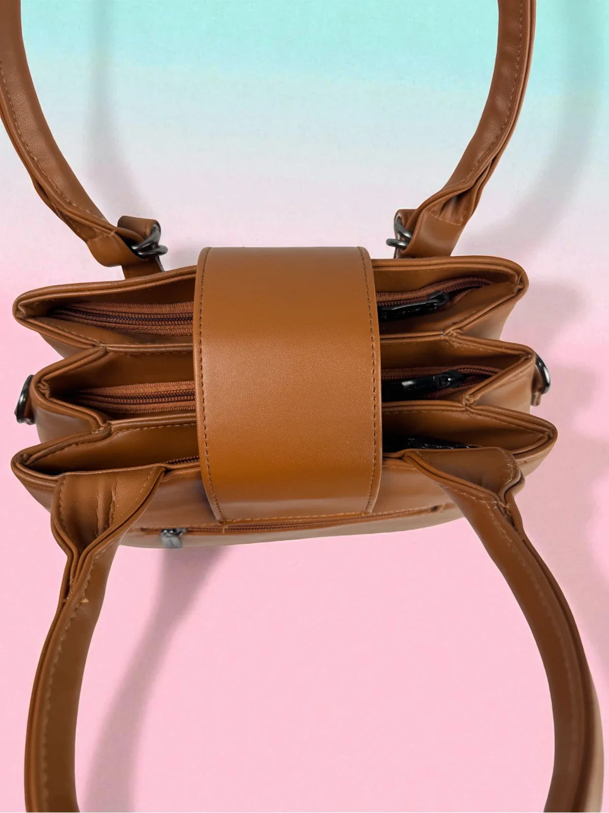 Tarani brown PU leather handbag spacious top view