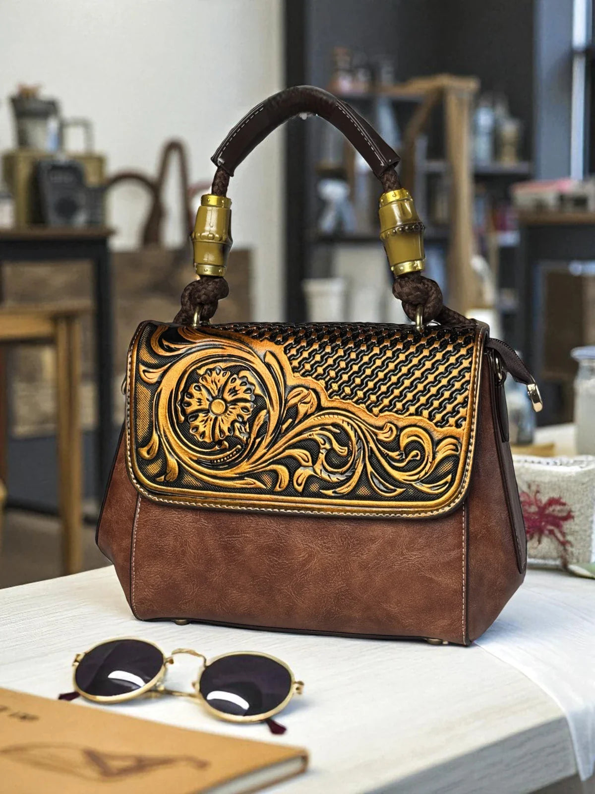 Tarani PU leather brown handbag with floral carving for festive and office use