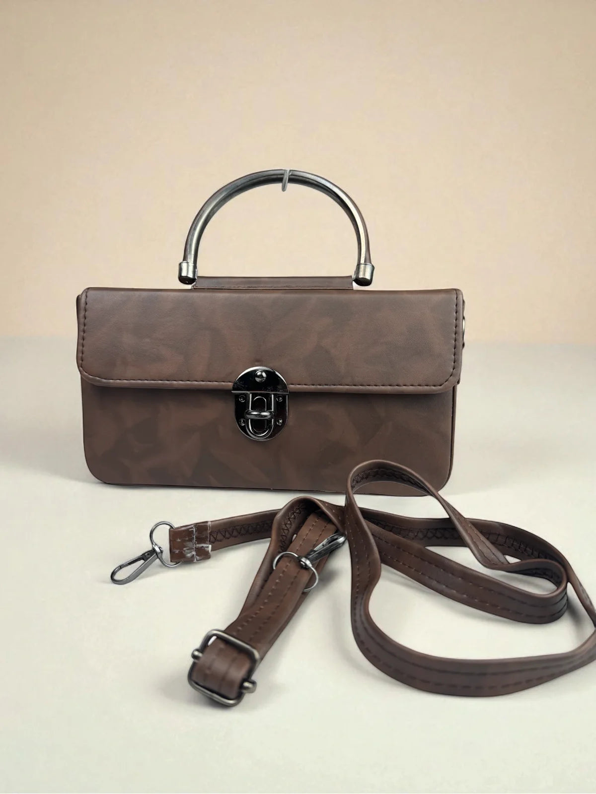 Tarani brown PU leather handbag elegant full front view for office and festive use