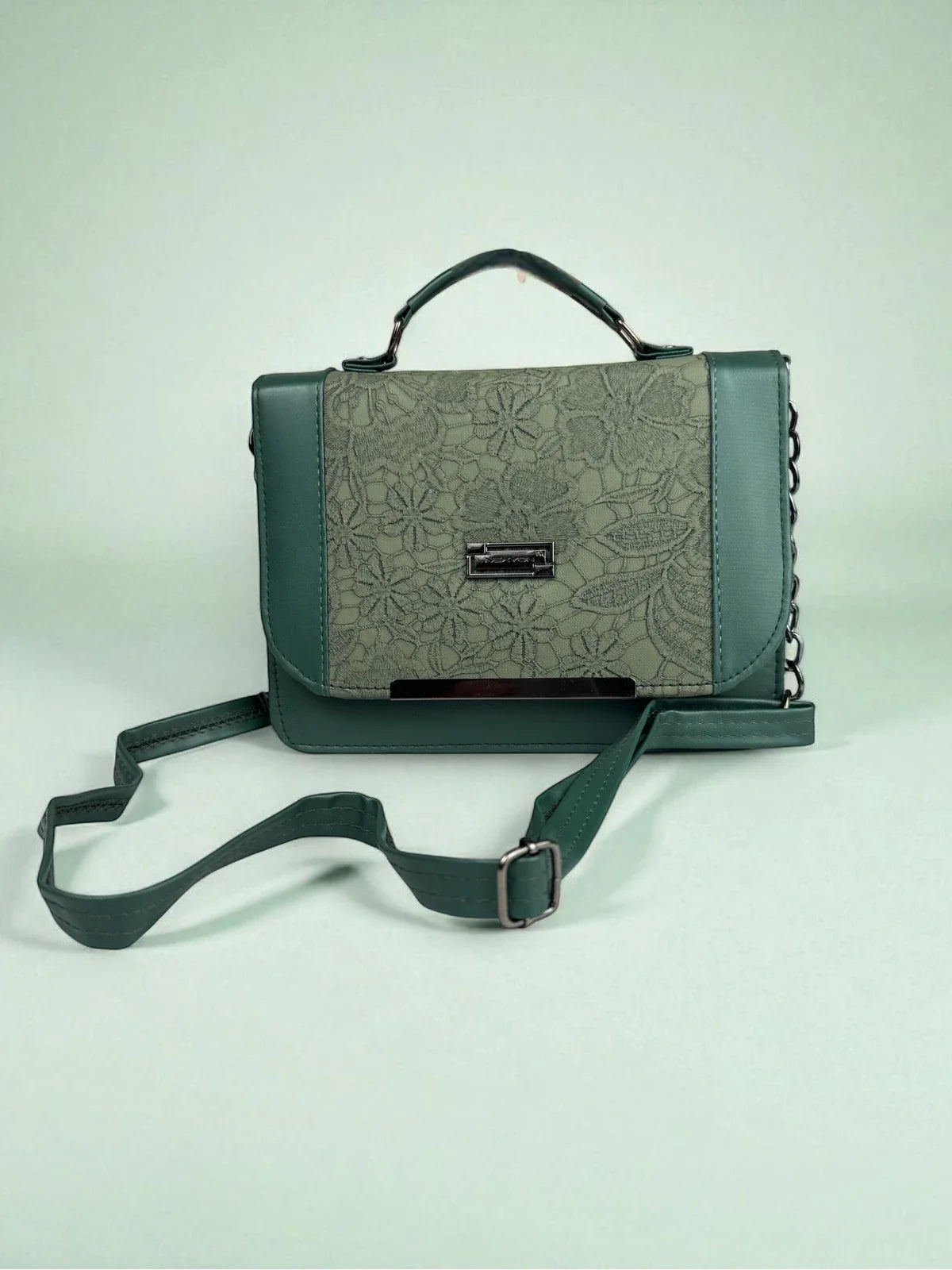 Tarani green PU leather handbag elegant floral design full view