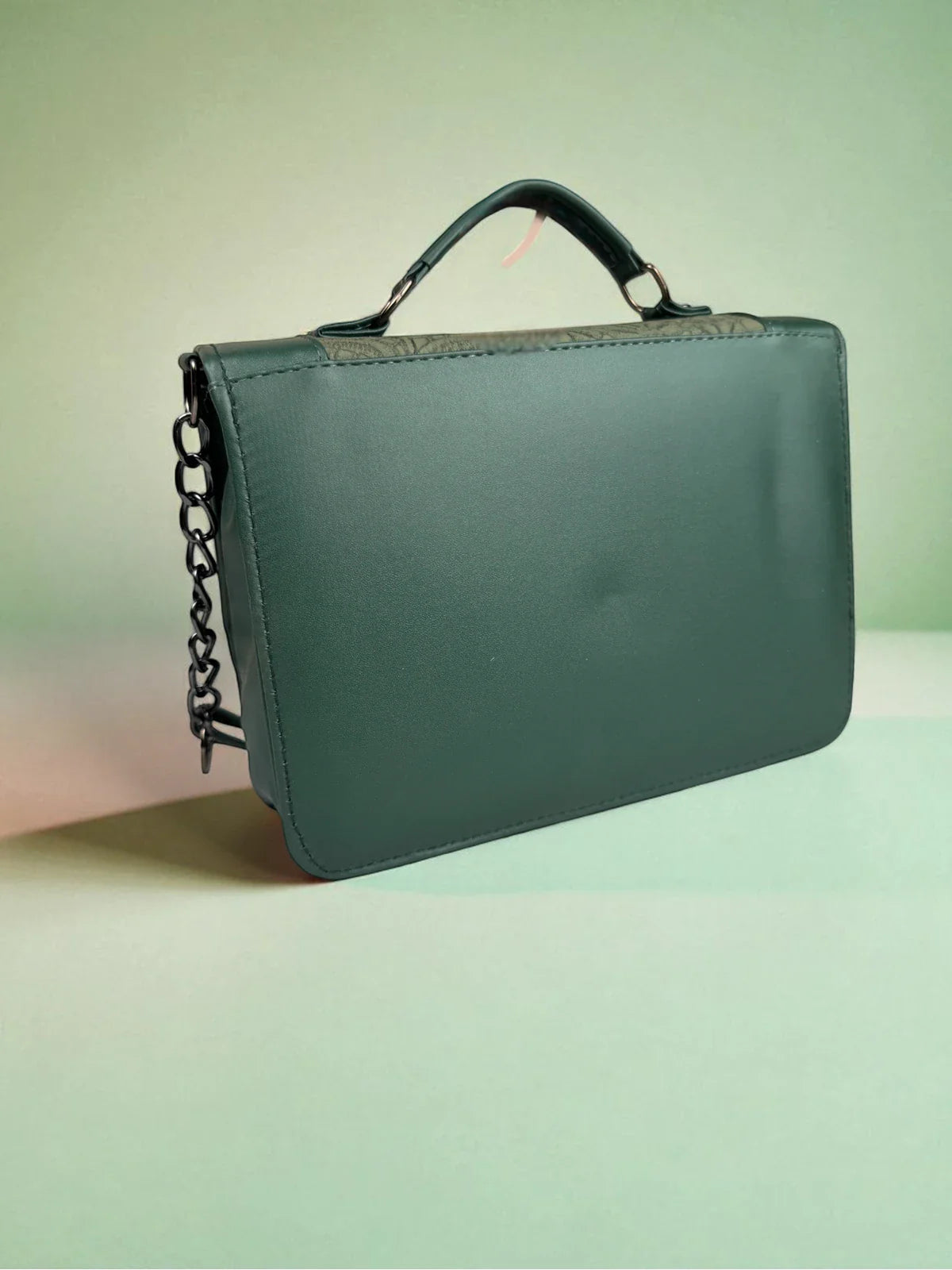 Tarani green PU leather handbag back view with smooth finish