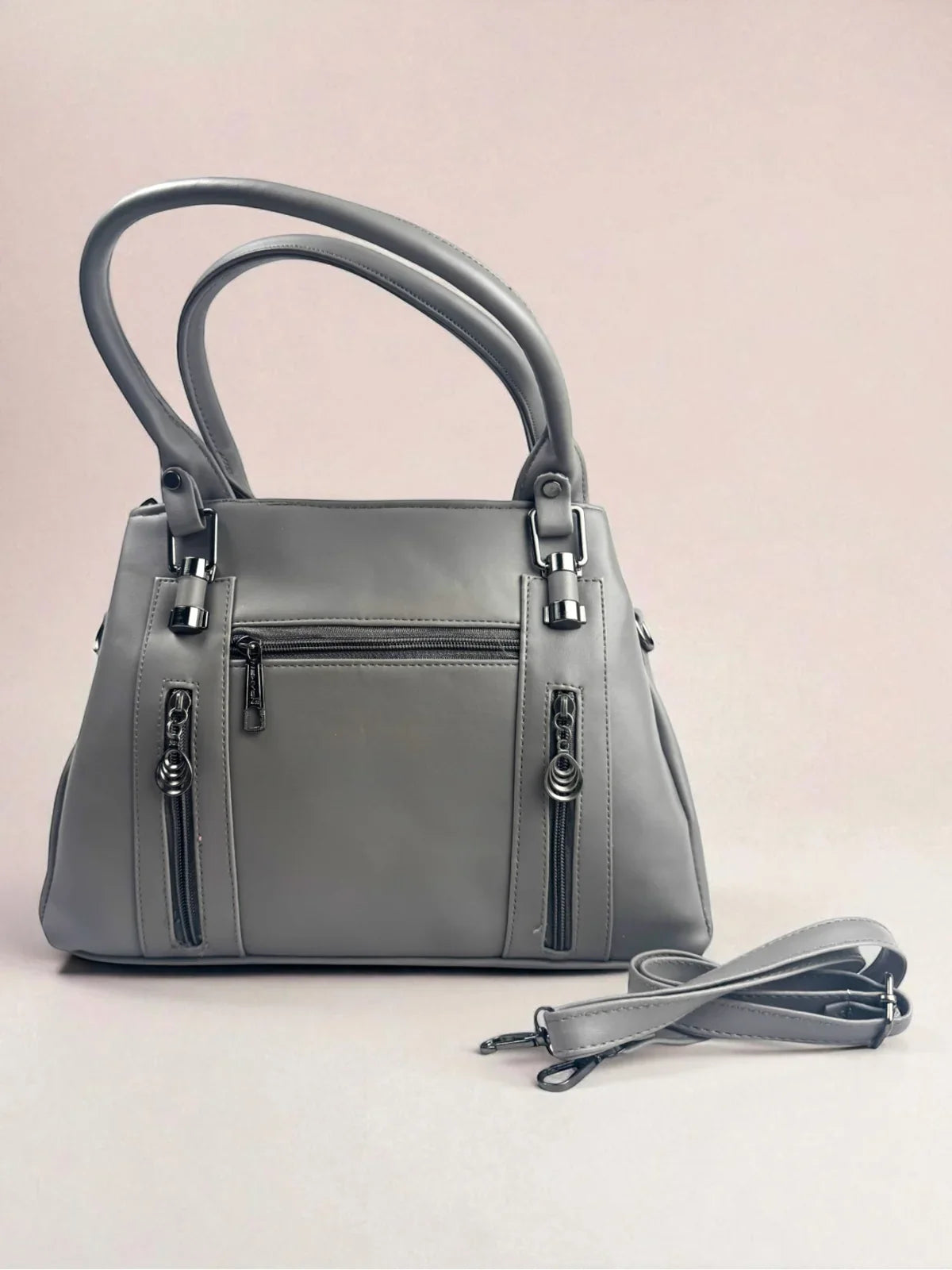Tarani grey PU leather handbag full view with premium finish for office and festive use