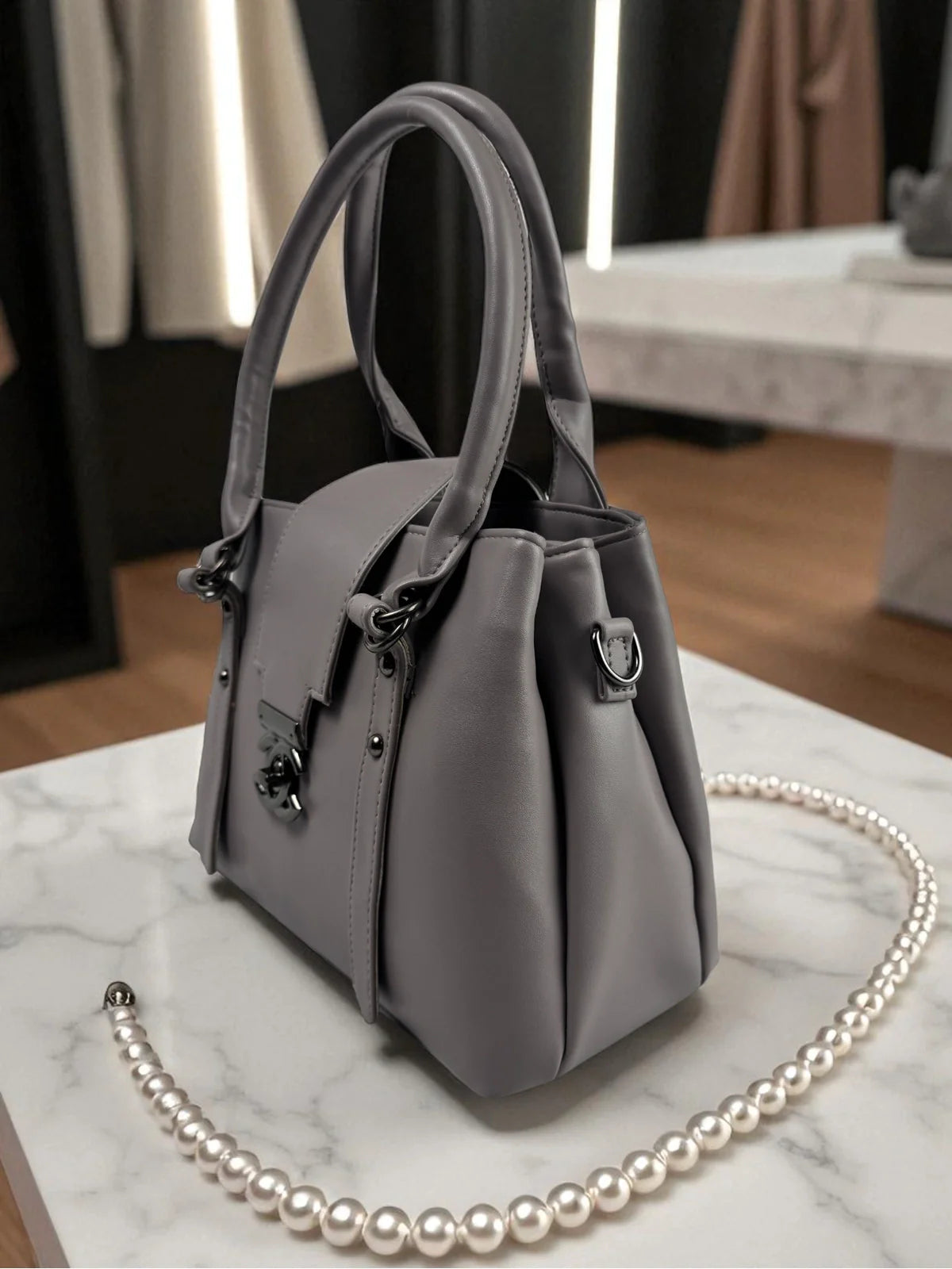 Tarani grey handbag pu leather side-view elegant design