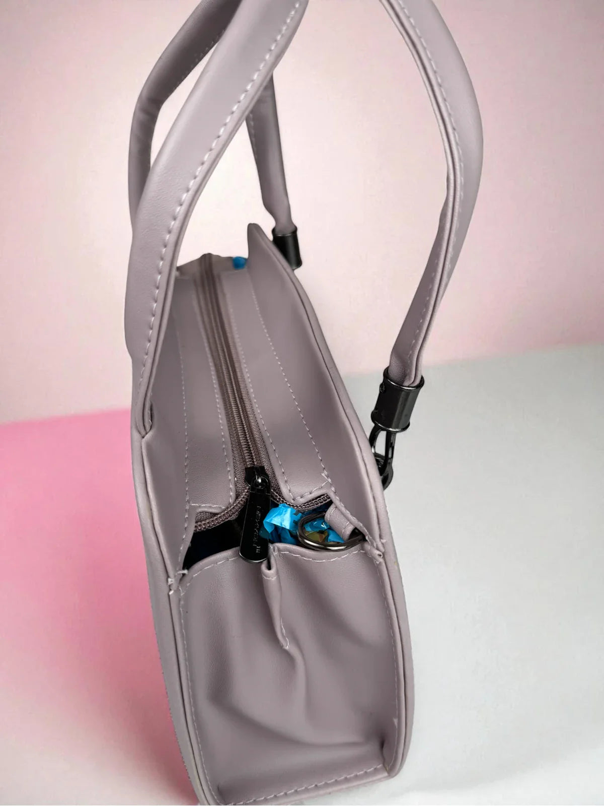 Tarani lavender PU leather handbag closeup view premium detailing