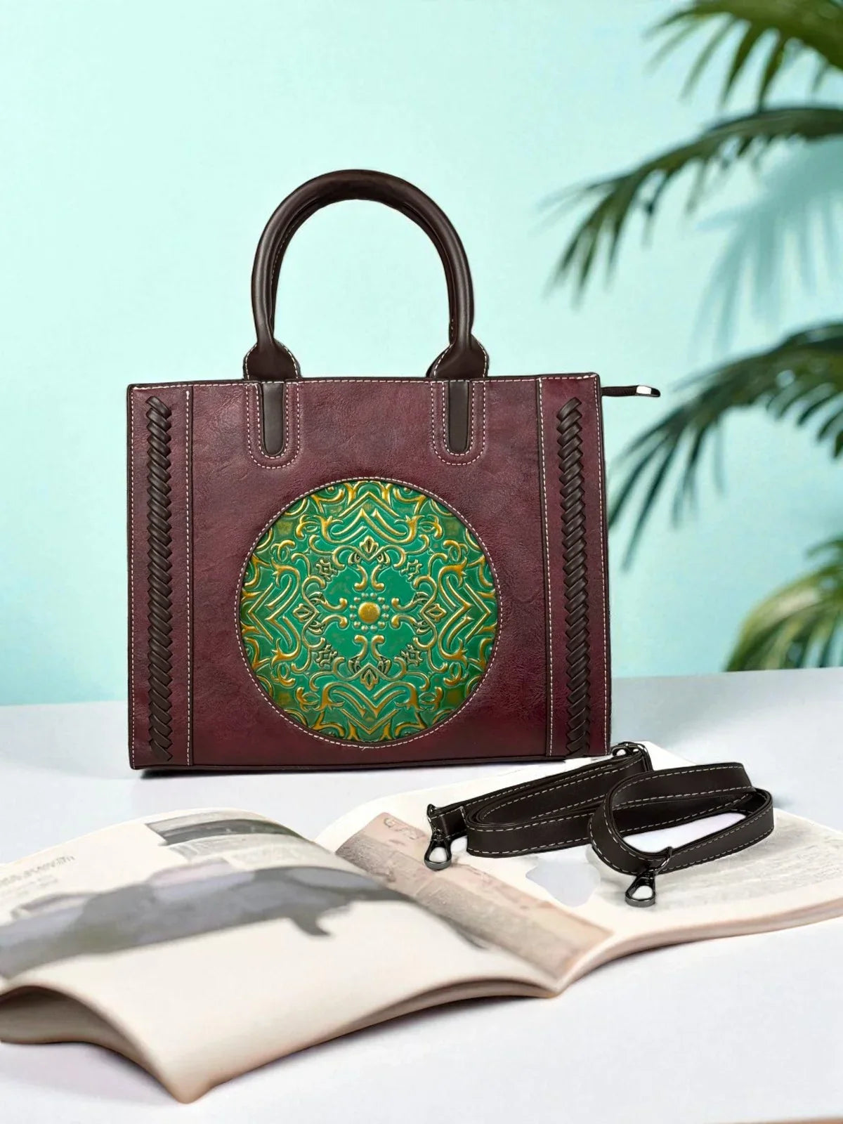 Tarani PU leather maroon handbag with designer medallion front, perfect for festive and office use